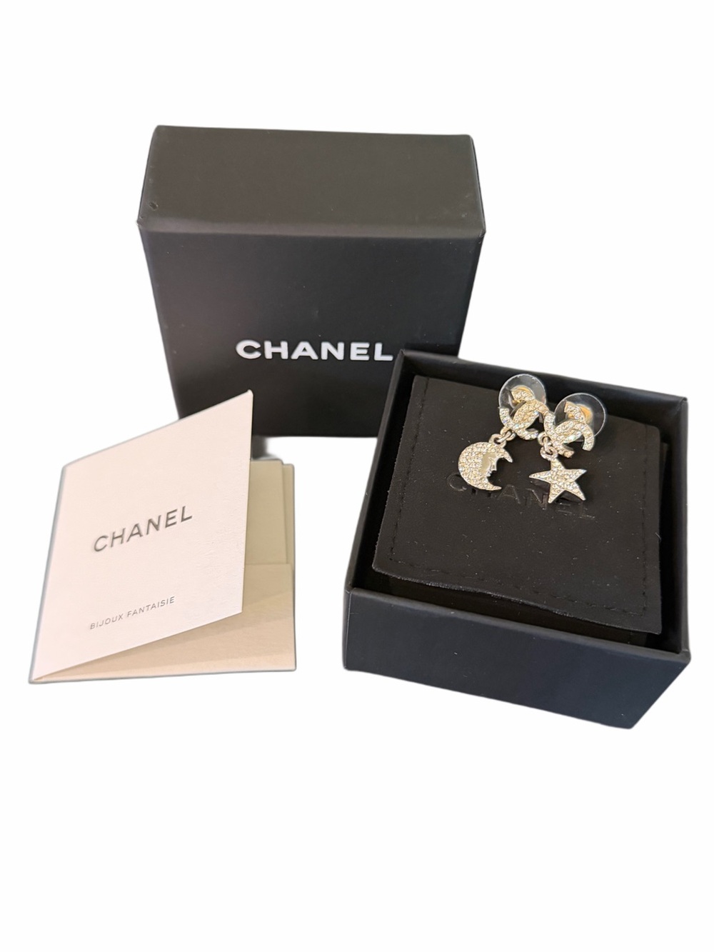 CHANEL Silver/Gold Moon and Star Crystal Drop Earrings - Picture 2 of 8